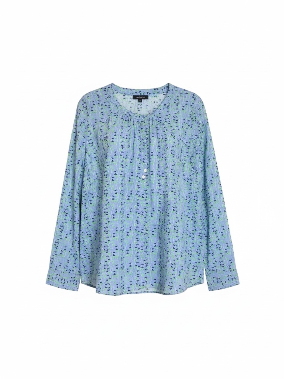 Talbots Blue Green Wave Print Popover Top XL | Cotton Ruffle Neck Blouse